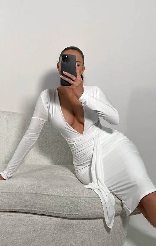 Midi dresses with denim fabric for a casual yet stylish day outWhite Long Sleeve V Neck Tie Detail Bodycon Midi Dress - Nicki Midi dresses with denim fabric for a casual yet stylish day outWhite Long Sleeve V Neck Tie Detail Bodycon Midi Dress - Nicki
