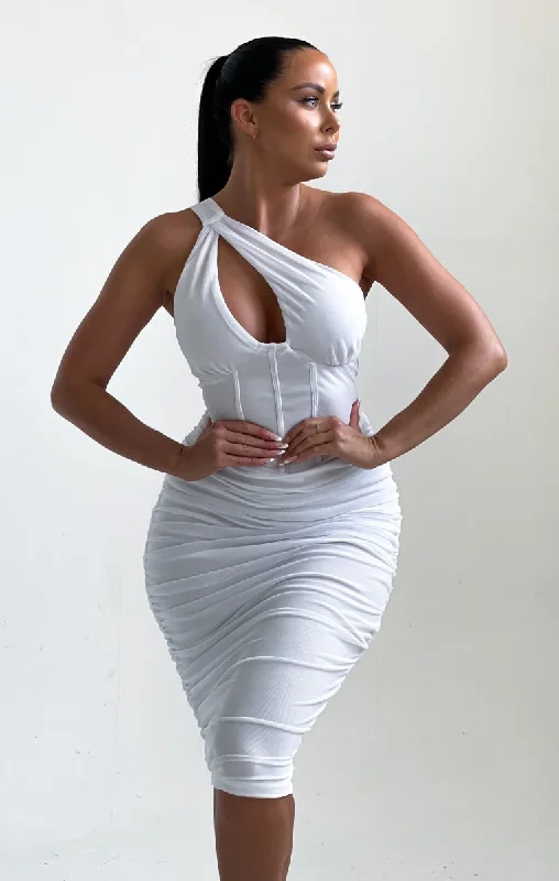 Midi dresses with metallic threads for a glamorous evening eventWhite One Shoulder Cut Out Ruched Midi Dress - Bria Midi dresses with metallic threads for a glamorous evening eventWhite One Shoulder Cut Out Ruched Midi Dress - Bria