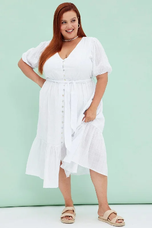 Sleeveless midi dresses with lace details for summer weddingsWhite Short Sleeve Textured Button Midi Dress Sleeveless midi dresses with lace details for summer weddingsWhite Short Sleeve Textured Button Midi Dress