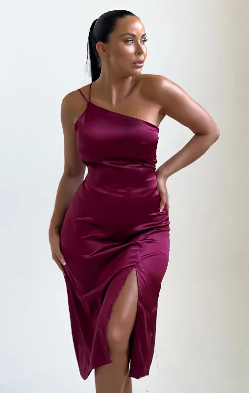 Midi dresses with polka dot prints for a playful summer outfitWine One Shoulder Strappy Side Split Midi Dress- Marissa Midi dresses with polka dot prints for a playful summer outfitWine One Shoulder Strappy Side Split Midi Dress- Marissa