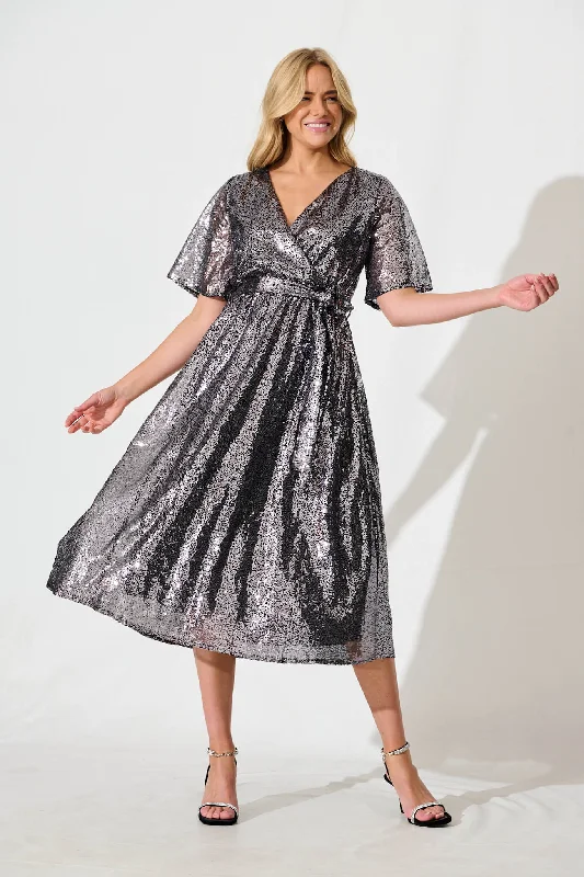 Midi dresses with button - front designs for a classic touchPRE ORDER Winslet Midi Dress In Graphite Sequin Midi dresses with button - front designs for a classic touchPRE ORDER Winslet Midi Dress In Graphite Sequin