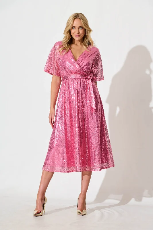 Midi dresses with mesh inserts for a trendy and breathable optionPRE ORDER Winslet Midi Dress In Pink Sequin Midi dresses with mesh inserts for a trendy and breathable optionPRE ORDER Winslet Midi Dress In Pink Sequin