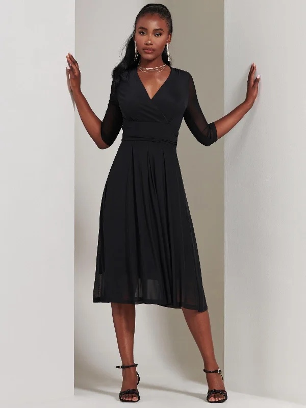 Maxi - inspired midi dresses with flowing fabrics for a beachy vibeYuka Mesh Wrap Bodice Midi Dress, Black Maxi - inspired midi dresses with flowing fabrics for a beachy vibeYuka Mesh Wrap Bodice Midi Dress, Black