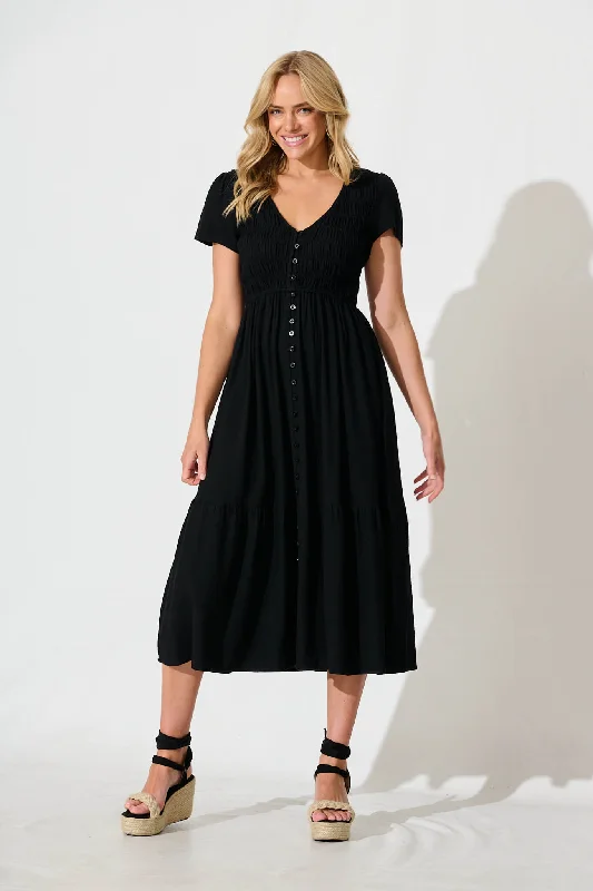 Zenith Midi Dress in Black Linen Blend