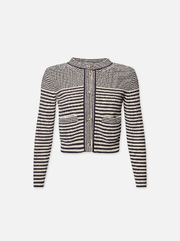 Denim Top with a Peplum Hem for a Flirty and Feminine LookCompact Stripe Cardi -- Navy Multi Denim Top with a Peplum Hem for a Flirty and Feminine LookCompact Stripe Cardi -- Navy Multi
