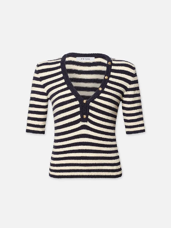 Cropped Denim Top to Pair with High - Waisted BottomsFemme Mariner Sweater -- Navy Multi Cropped Denim Top to Pair with High - Waisted BottomsFemme Mariner Sweater -- Navy Multi