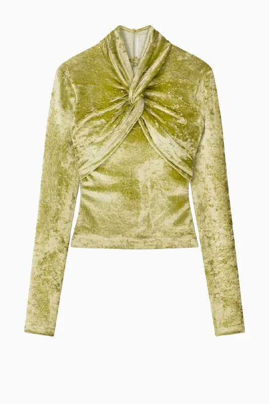 Washed - Out Denim Top for a Vintage AestheticNanushka Iride Twist-Front Crushed Velvet Top - Sage Washed - Out Denim Top for a Vintage AestheticNanushka Iride Twist-Front Crushed Velvet Top - Sage