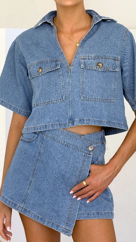 Denim Top for a Music Festival with a Rock - n - Roll VibeOlivia Top and Skort Set - Light Denim Denim Top for a Music Festival with a Rock - n - Roll VibeOlivia Top and Skort Set - Light Denim
