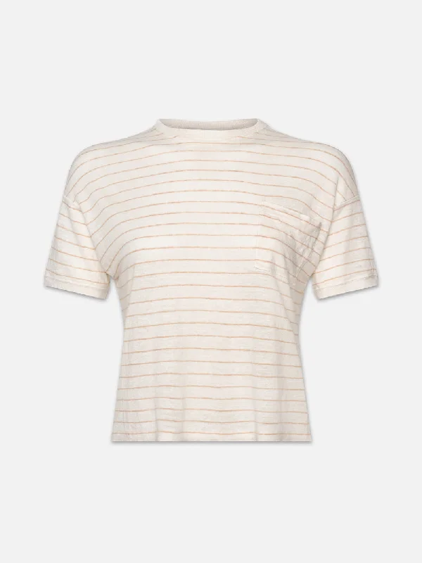 Fringed Denim Top with a Bohemian FlairPocket Crew Tee -- Blush Multi