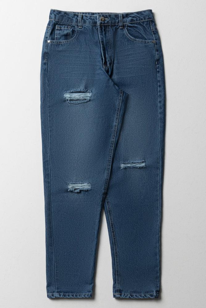 Studded Denim Top for a Glamorous and Bold StyleRipped Mom Denim Jeans Blue