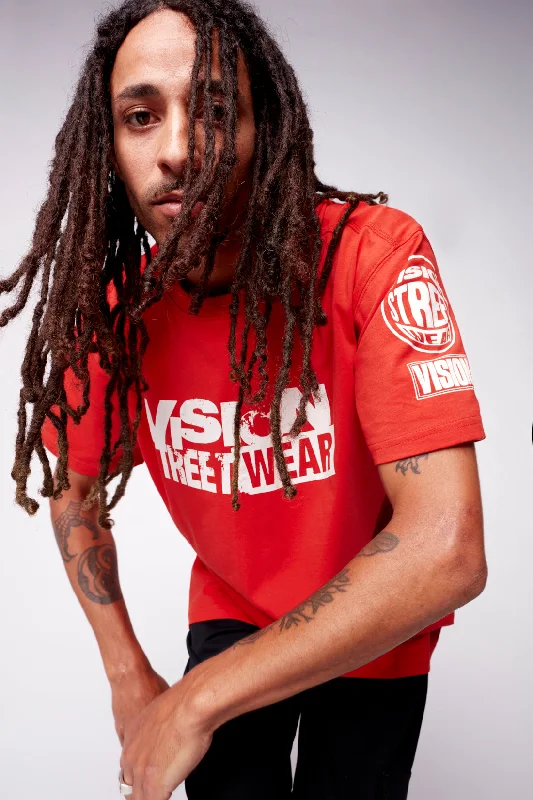 Patchwork Denim Top with a Unique and Artistic AppealTeam Logo T-Shirt - Red