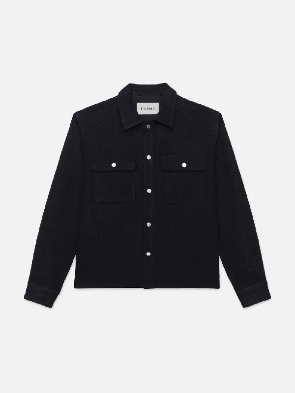 Denim Top with a Belted Waist for a Defined SilhouetteTextured Overshirt Jacket -- Dark Navy Denim Top with a Belted Waist for a Defined SilhouetteTextured Overshirt Jacket -- Dark Navy