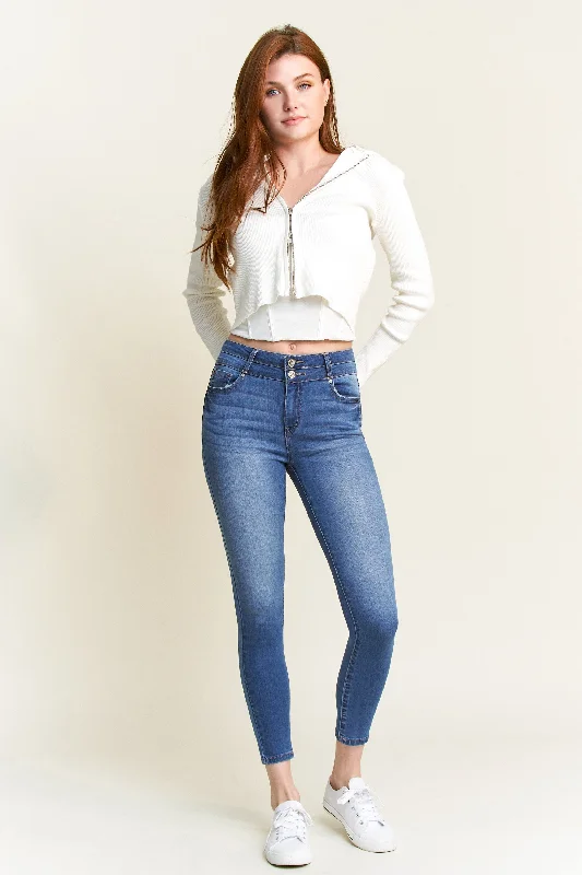 Button - Down Denim Top with a Classic DesignHigh Rise Push Up Ankle Skinny Jeans