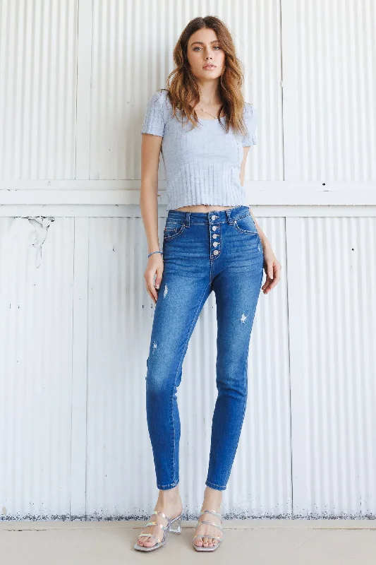 Washed - Out Denim Top for a Vintage AestheticHigh Rise 5 Button Skinny Jeans