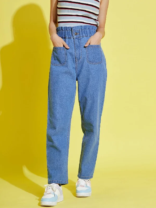 Women's fall - appropriate corduroy pants Distressed women jeans for a trendy and edgy look Girls Blue Paper Bag Waist Carrot Jeans Women's fall - appropriate corduroy pants Distressed women jeans for a trendy and edgy look Girls Blue Paper Bag Waist Carrot Jeans