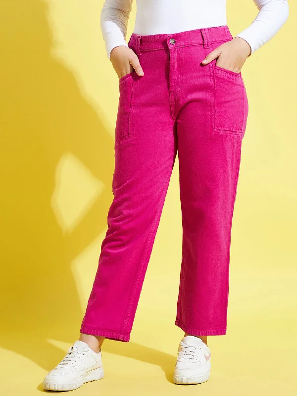 Women's senior - friendly lounge pants Embroidered women jeans with intricate patterns Girls Fuchsia Front Pocket Straight Jeans