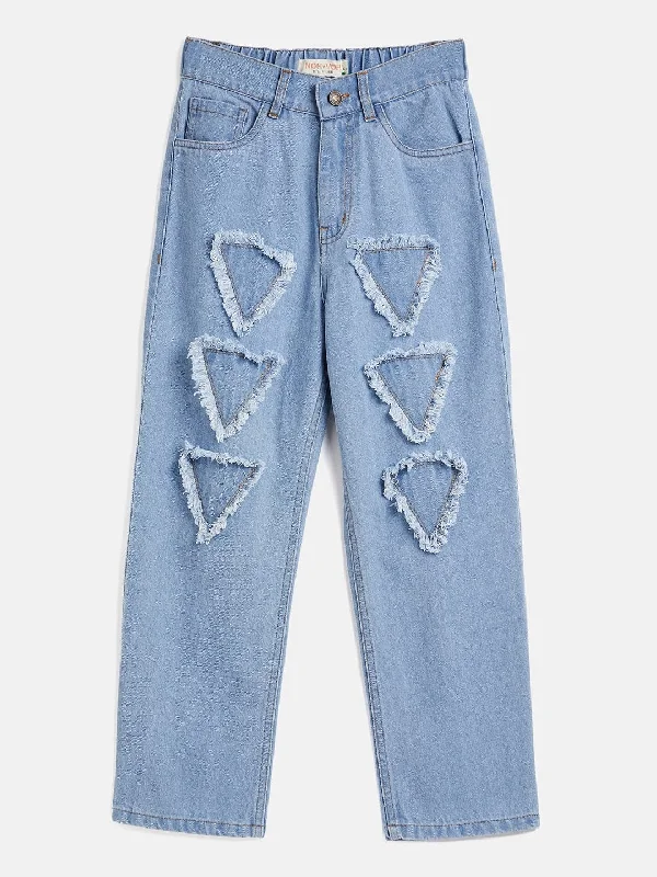 Women's pants for outdoor adventures Dark - wash women jeans for a sophisticated and slimming effect Girls Ice Blue Triangle Patch Jeans Women's pants for outdoor adventures Dark - wash women jeans for a sophisticated and slimming effect Girls Ice Blue Triangle Patch Jeans