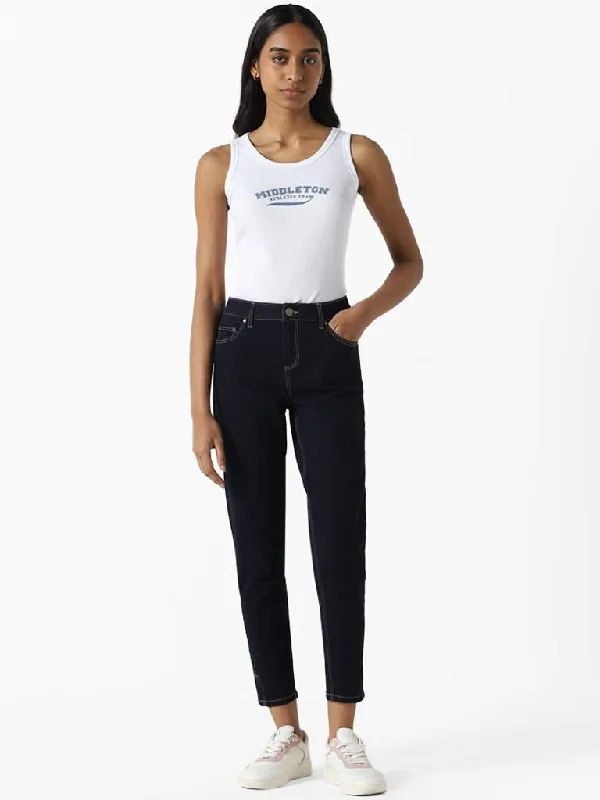 Women's pants with thermal lining Wide - leg women jeans for a modern and relaxed vibe Nuon Dark Blue Straight - Fit Mid Rise Jeans Women's pants with thermal lining Wide - leg women jeans for a modern and relaxed vibe Nuon Dark Blue Straight - Fit Mid Rise Jeans