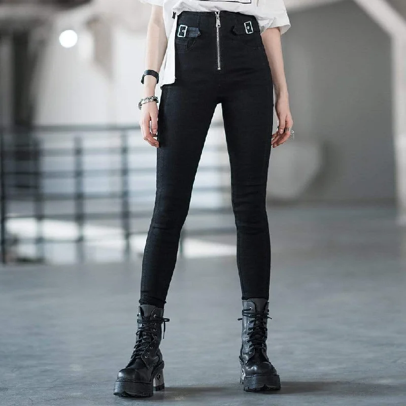 Women's junior - sized denim pants Distressed women jeans for a trendy and edgy look Women's Grunge Front Zip Black Skinny Jeans Women's junior - sized denim pants Distressed women jeans for a trendy and edgy look Women's Grunge Front Zip Black Skinny Jeans