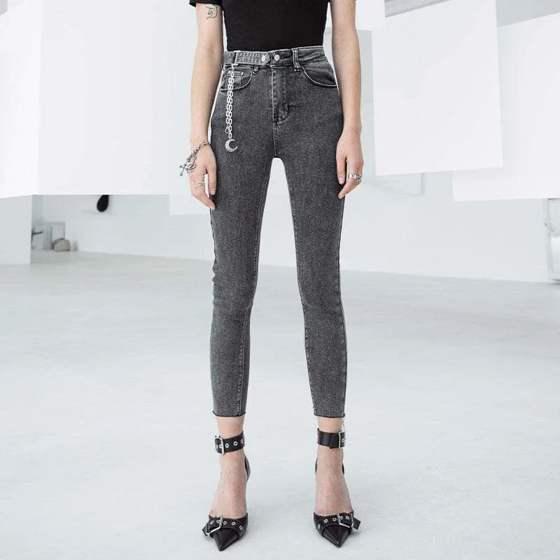 Women's on - sale casual pants Light - wash women jeans for a fresh and summery appearance Women's Grunge Ripped Grey Skinny Jeans with Moon Chain Women's on - sale casual pants Light - wash women jeans for a fresh and summery appearance Women's Grunge Ripped Grey Skinny Jeans with Moon Chain