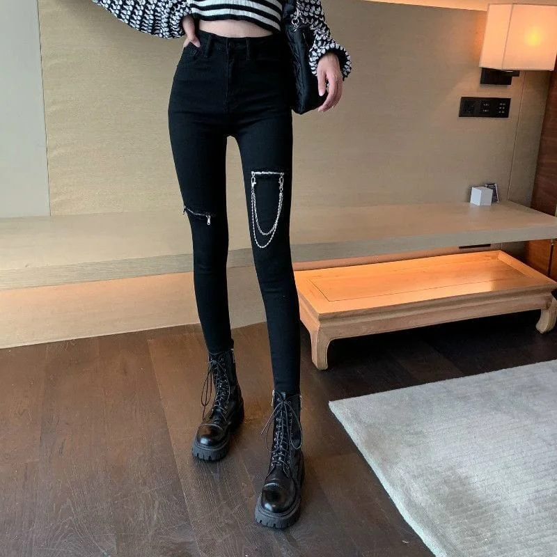 Women's pants for skiing Stretch women jeans for enhanced mobility and comfort Women's Punk Ripped High-waisted Pencil Pants with Chain Women's pants for skiing Stretch women jeans for enhanced mobility and comfort Women's Punk Ripped High-waisted Pencil Pants with Chain