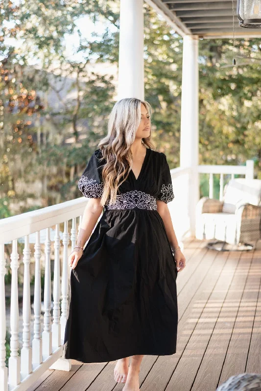 Maxi dresses with side slits for a touch of allureBlack Embroidered V-Neck Midi Dress Maxi dresses with side slits for a touch of allureBlack Embroidered V-Neck Midi Dress