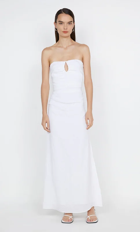 Satin maxi dresses with a high - low hem for a modern twistMARIANNA STRAPLESS DRESS - WHITE Satin maxi dresses with a high - low hem for a modern twistMARIANNA STRAPLESS DRESS - WHITE