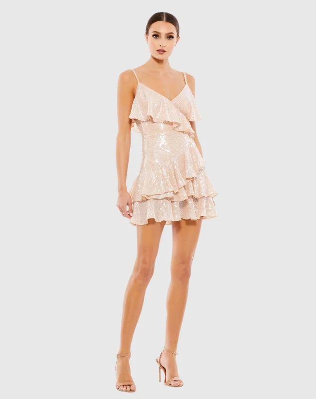 Mini dresses with ruched bodices for a feminine touchSequined Ruffle Tiered Faux Wrap Mini Dress Mini dresses with ruched bodices for a feminine touchSequined Ruffle Tiered Faux Wrap Mini Dress