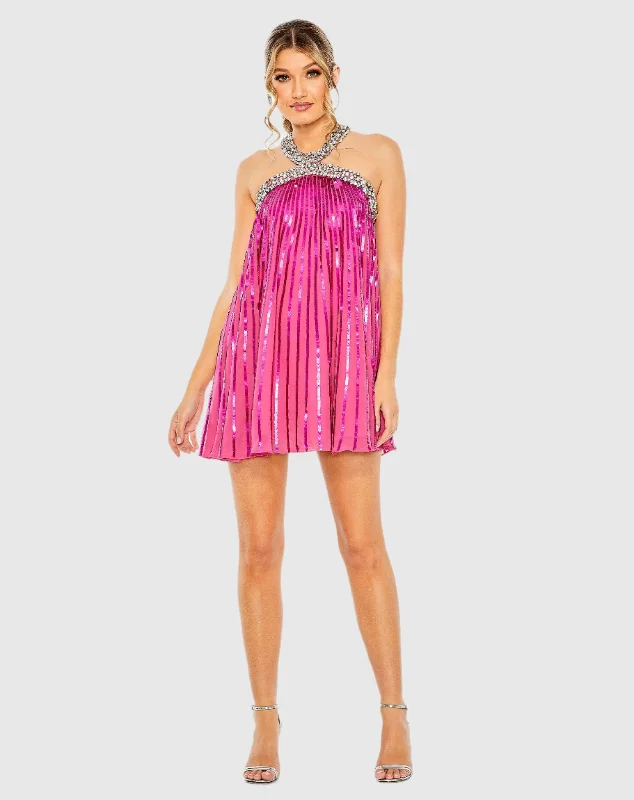 Mini dresses with fringe for a bohemian styleHigh Neck Open Back Embellished Trapeze Dress Mini dresses with fringe for a bohemian styleHigh Neck Open Back Embellished Trapeze Dress