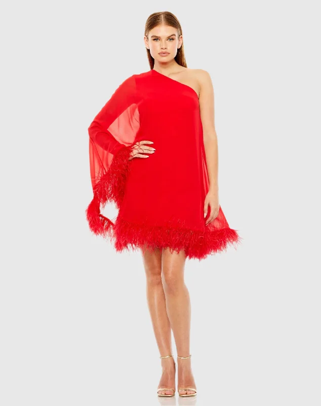 Mini dresses with halter necks for a stylish choiceRed One Shoulder Trapeze Dress with Feather Trim Mini dresses with halter necks for a stylish choiceRed One Shoulder Trapeze Dress with Feather Trim