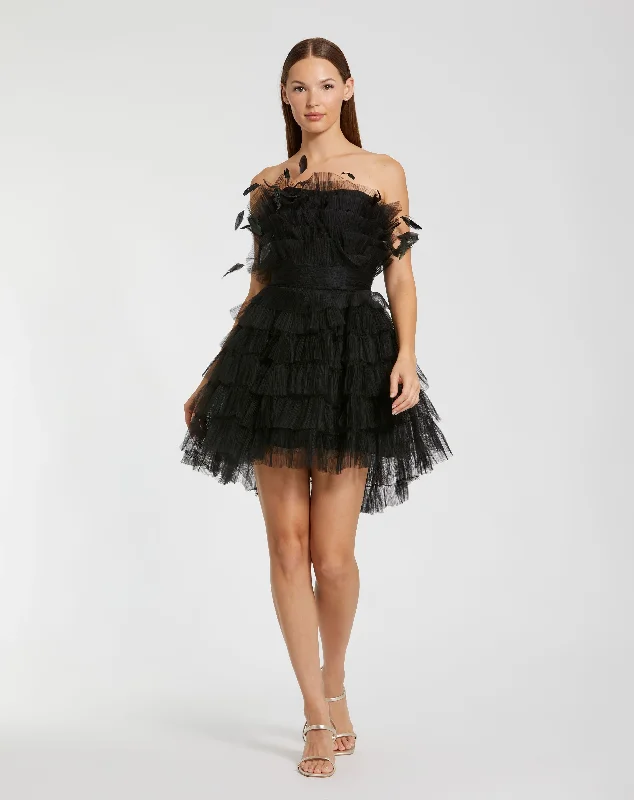 Mini dresses with criss - cross backs for a flirty lookBlack Feathered Strapless Tulle Fit and Flare Dress Mini dresses with criss - cross backs for a flirty lookBlack Feathered Strapless Tulle Fit and Flare Dress