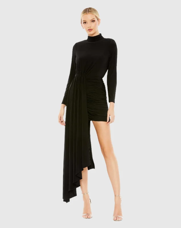 Mini dresses with tiered skirts for added volumeJersey High Neck Asymmetrical Draped High Low Dress Mini dresses with tiered skirts for added volumeJersey High Neck Asymmetrical Draped High Low Dress