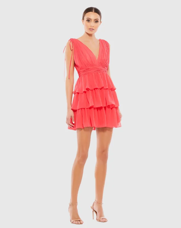 Strapless mini dresses for a beach vacationPleated V Neck Tiered Ruffle Mini Dress