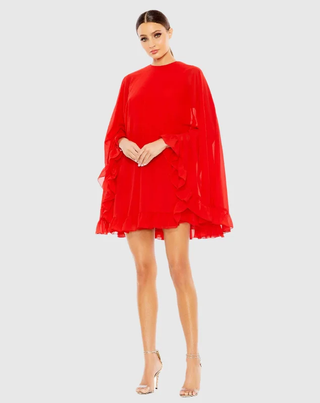 Sheer mini dresses with lace insertsHigh Neck Ruffle Hem Cape Mini Dress