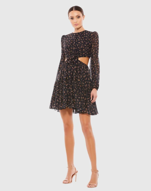 Mini dresses with one - shoulder designsFront Bow Cut Out Long Sleeve Dress