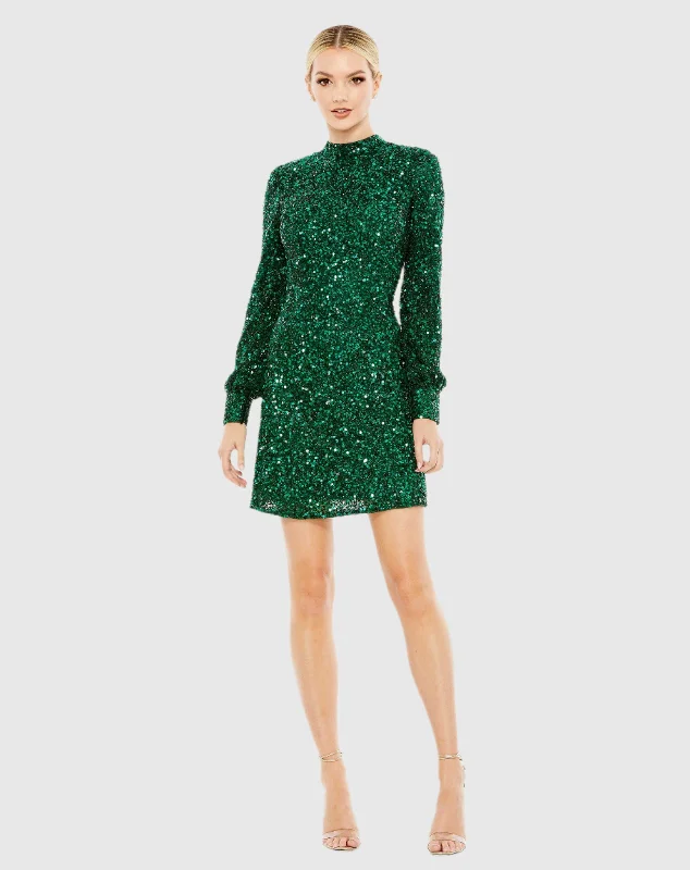 Mini dresses with side slits for a sexy appealSequin Open Back Bishop Sleeve Mini Dress Mini dresses with side slits for a sexy appealSequin Open Back Bishop Sleeve Mini Dress