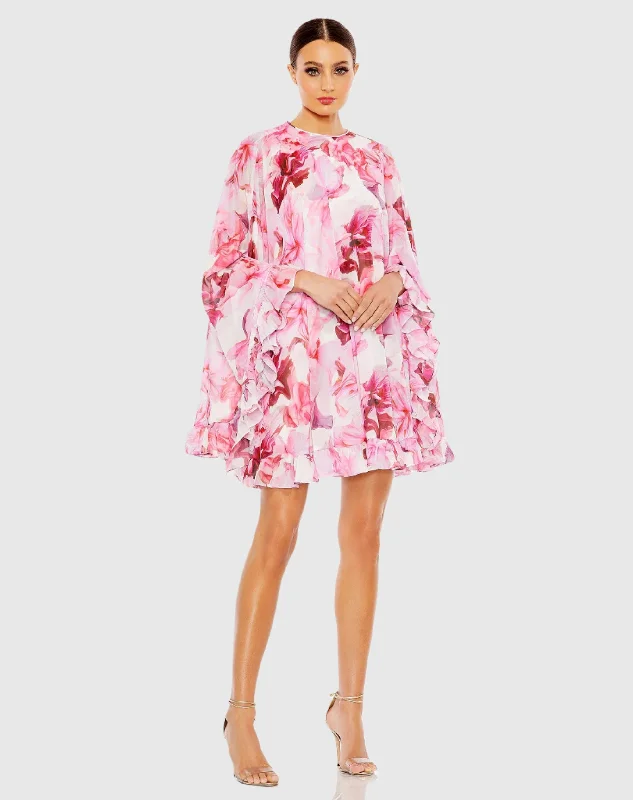 Ruffled mini dresses for a romantic touchFloral Print High Neck Ruffle Hem Cape Mini Dress Ruffled mini dresses for a romantic touchFloral Print High Neck Ruffle Hem Cape Mini Dress