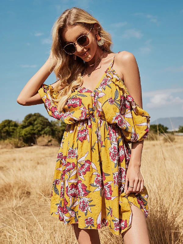 Mini dresses with ribbed textures for a unique appearanceKittenAlarm - Holiday Beach Wedding Floral Off-shoulder Bat-sleeve Halter Suspender Dress Mini dresses with ribbed textures for a unique appearanceKittenAlarm - Holiday Beach Wedding Floral Off-shoulder Bat-sleeve Halter Suspender Dress