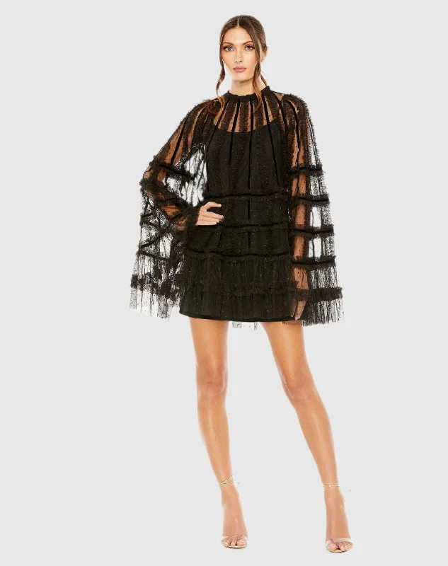 Velvet mini dresses for autumn weddingsBlack High Neck Ruffle Bell Sleeve Trapeze Dress Velvet mini dresses for autumn weddingsBlack High Neck Ruffle Bell Sleeve Trapeze Dress