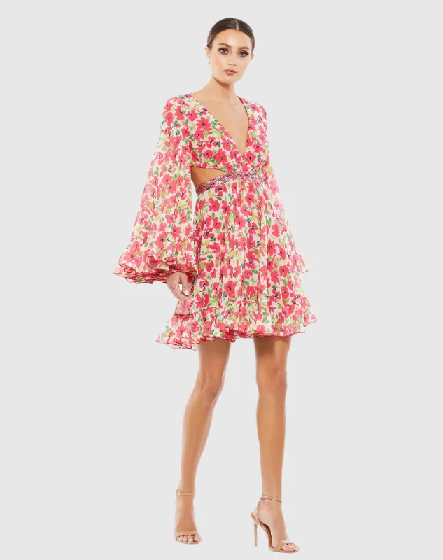 Sheer mini dresses with lace insertsFloral Cut Out V Neck Bell Sleeve Mini Dress