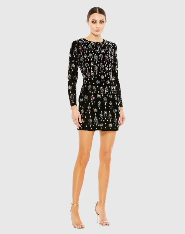 Leather mini dresses for a edgy styleGem Embellished Velvet Long Sleeve Mini Dress
