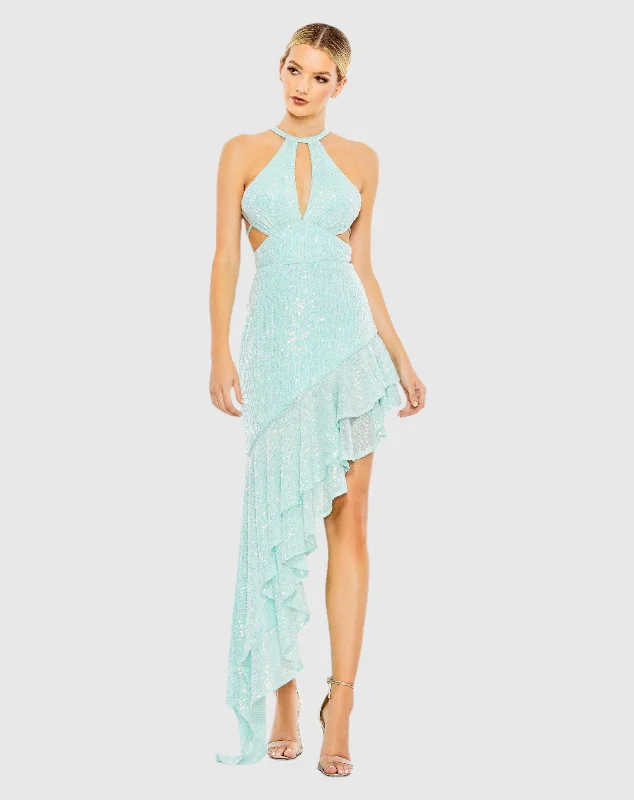 Blue Sequined Halter Cut Out Ruffle Asymmetrical Dress