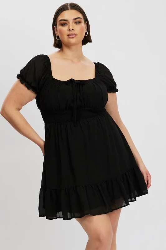 Mini dresses with high - low hems for a modern twistBlack Bow Front Shirred Waist Mini Dress