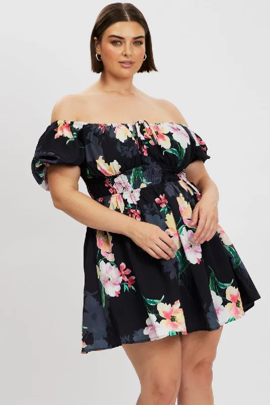 Mini dresses with one - shoulder designsBlack Floral Peephole Tie Front Mini Dress