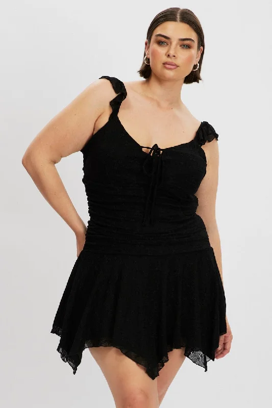 Mini dresses with off - the - shoulder stylesBlack Lace Asymmetric Hem Mini Dress