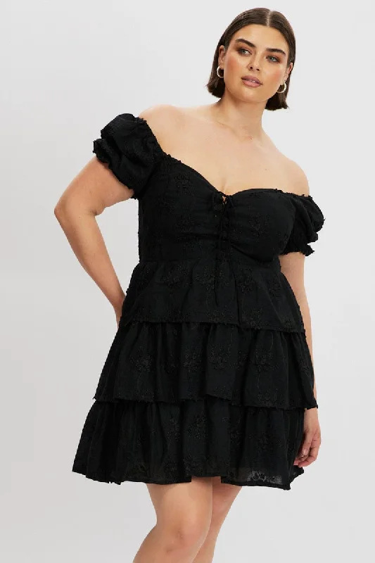 Mini dresses with V - necklines for a flattering shapeBlack Lace Up Front Embossed Cotton Mini Dress