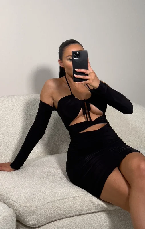 Mini dresses with side slits for a sexy appealBlack Long Sleeve Cut Out Mini Dress - Louisa