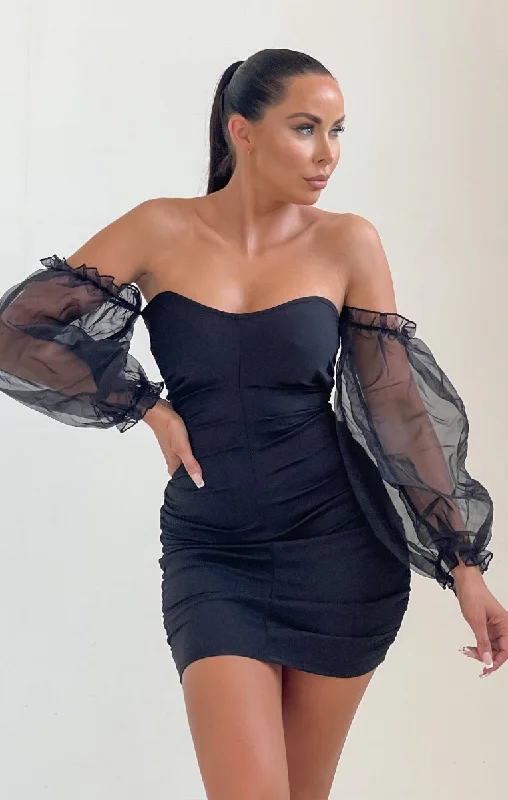 Sequined mini dresses for New Year's EveBlack Off The Shoulder Mesh Puff Sleeves Bodycon Mini Dress - Vicky