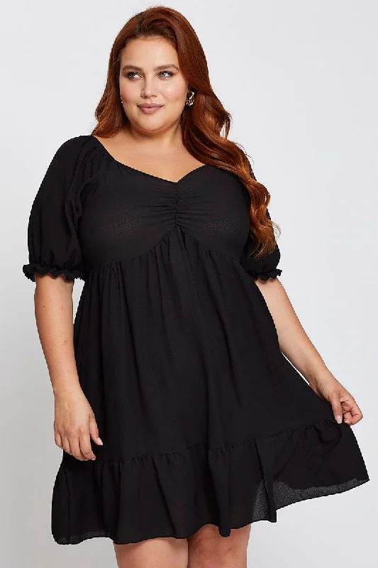 Printed mini dresses for a casual day outBlack Short Puff Sleeve Gather Frill Hem Dress