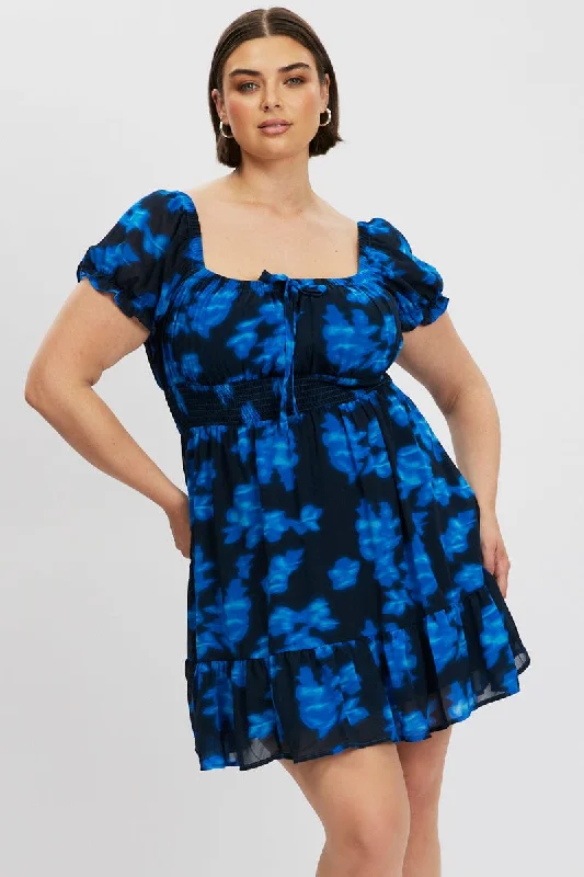 Denim mini dresses with distressed detailsBlue Abstract Bow Front Shirred Waist Mini Dress